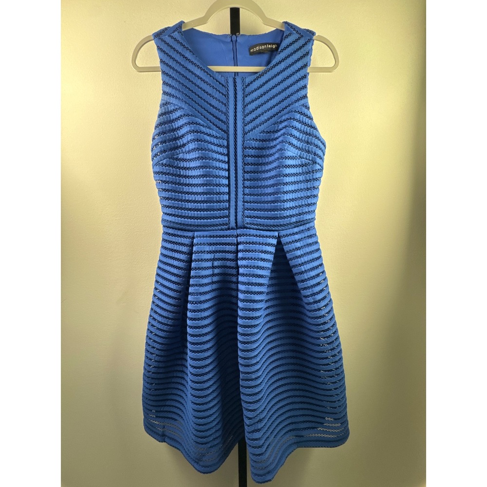 Madison Leigh Blue Mesh Overlay Fit and Flare Pleated Cocktail Dress Size 8